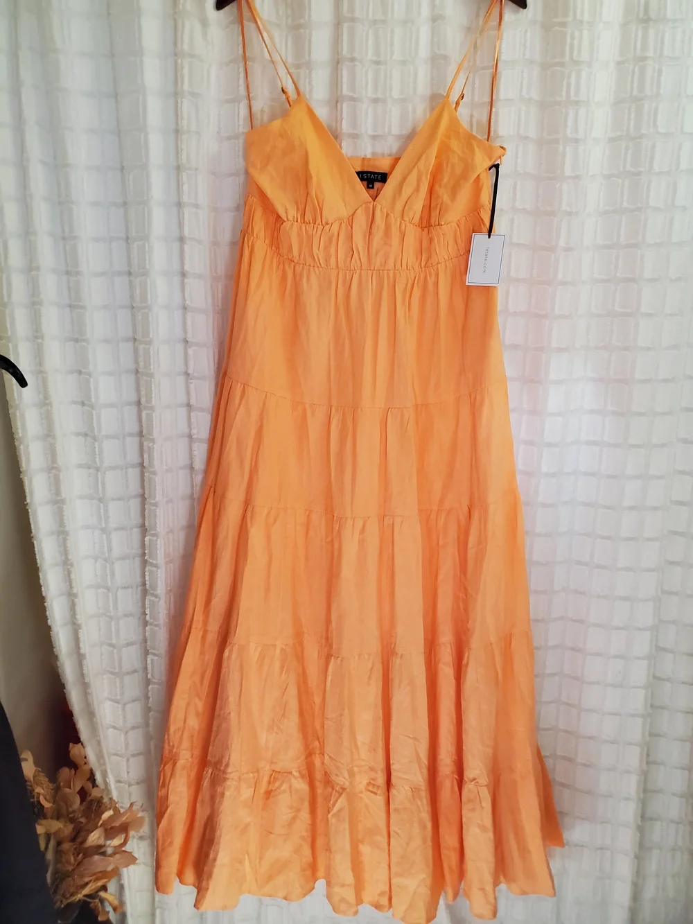 1. State Peach-Orange Tiered Spaghetti-Strap Midi Dress With Pockets - Picture 1 of 9